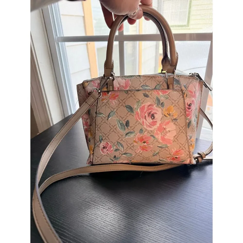 Nine West Floral Satchel Crossbody Bag Beige Pink Rose Small Top Handle Purse